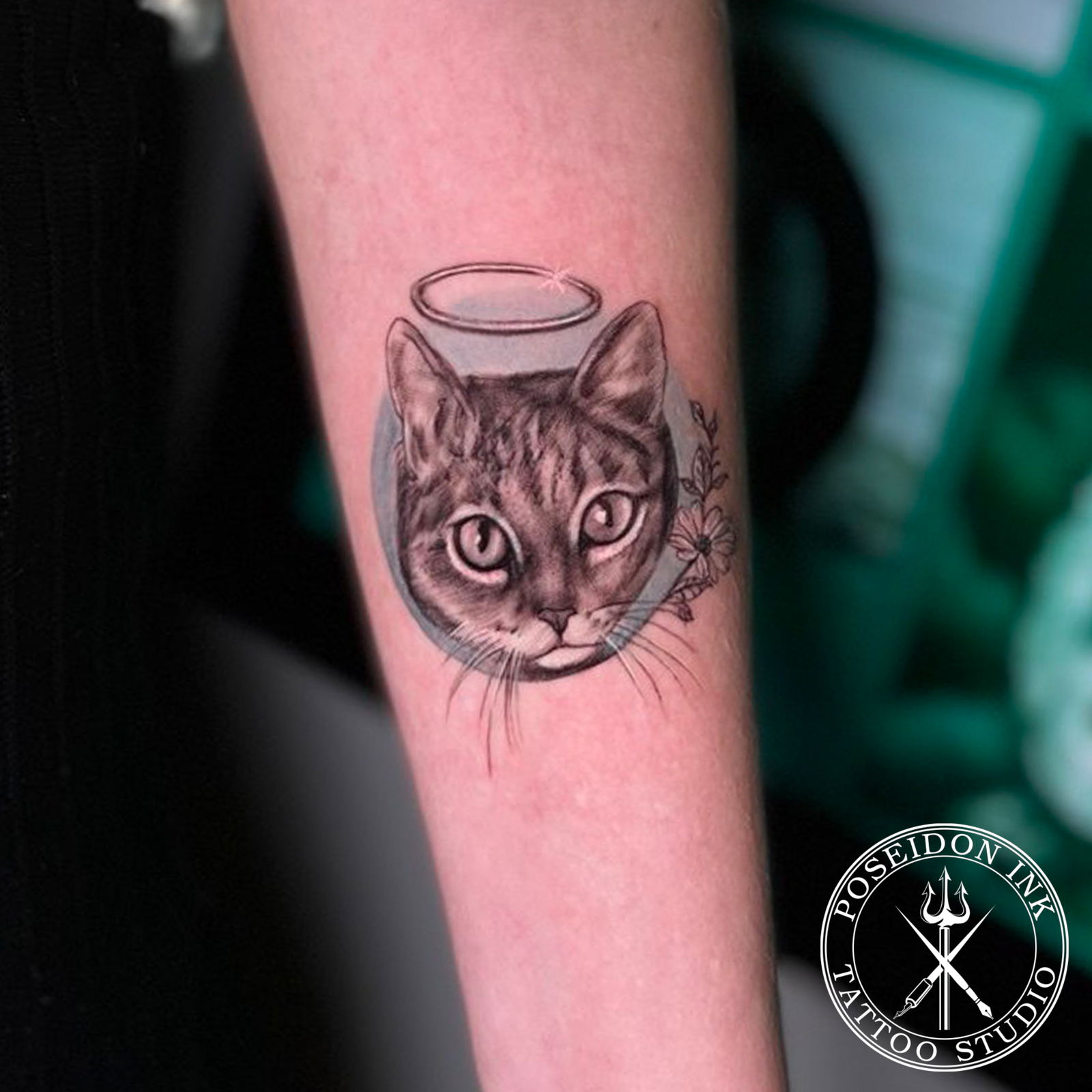 Micro realism tattoo portrait of a tabby cat with a tiny halo and fine line daisies in a circular backdrop