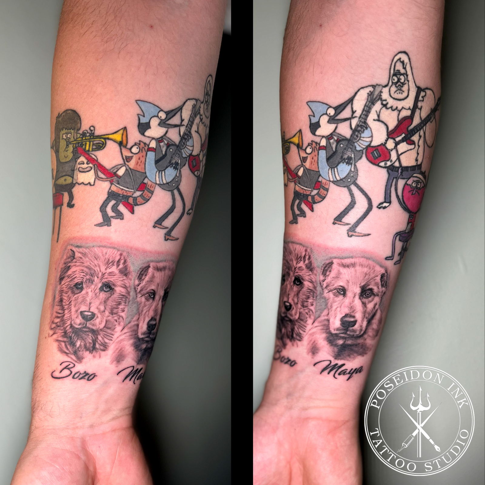 Black and grey realism tattoo of two dog head portraits with the names Bozo and Maya in cursive script, forearm