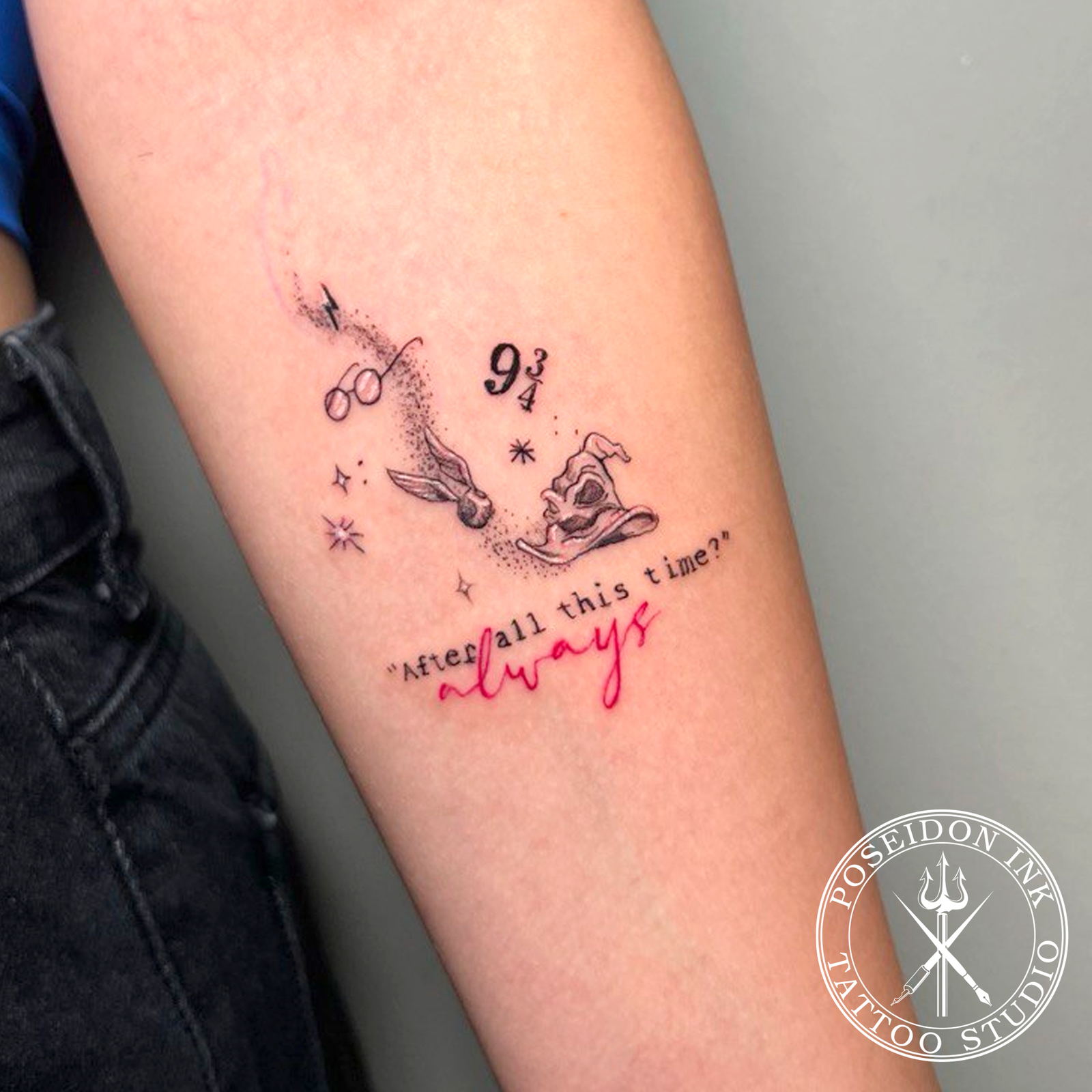 Fine line Harry Potter tattoo with glasses, lightning bolt, platform 9¾, golden snitch, sorting hat and Always quote