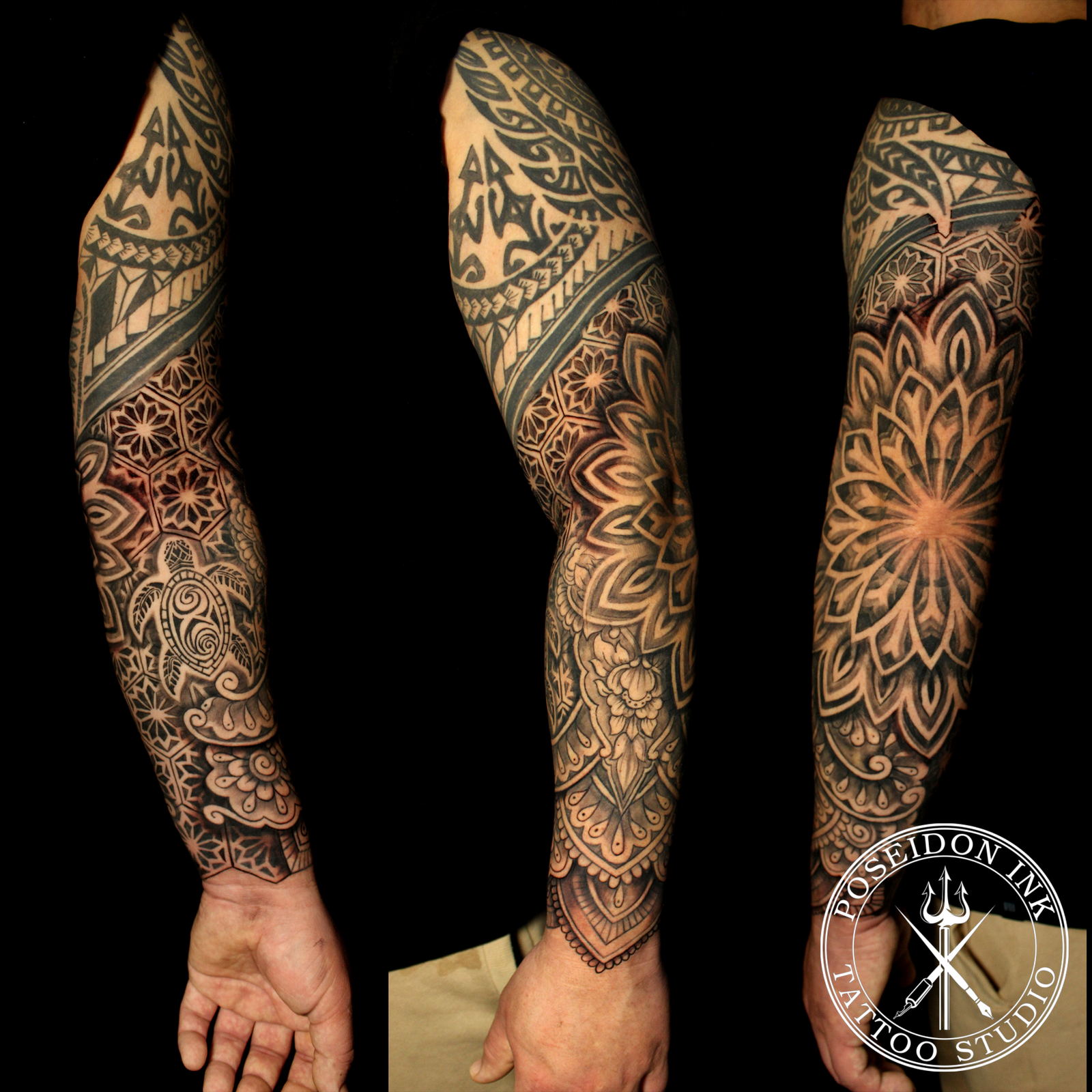Full sleeve ornamental tattoo with elbow mandala, lace patterns, sacred geometry and a Polynesian style sea turtle