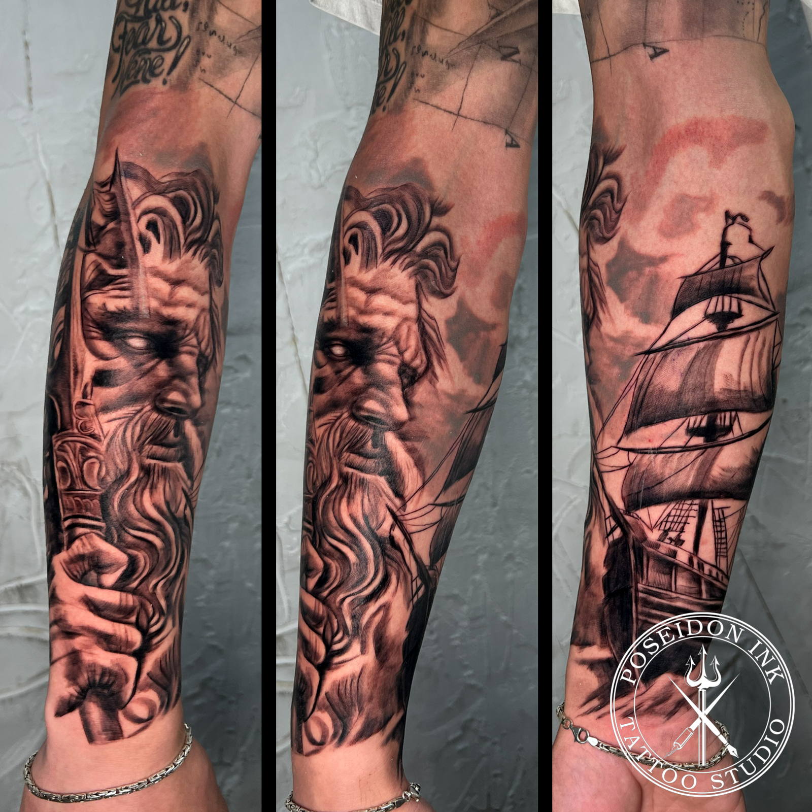 Black and grey realism forearm tattoo of Poseidon holding a trident, with a full-rigged sailing ship on the other side