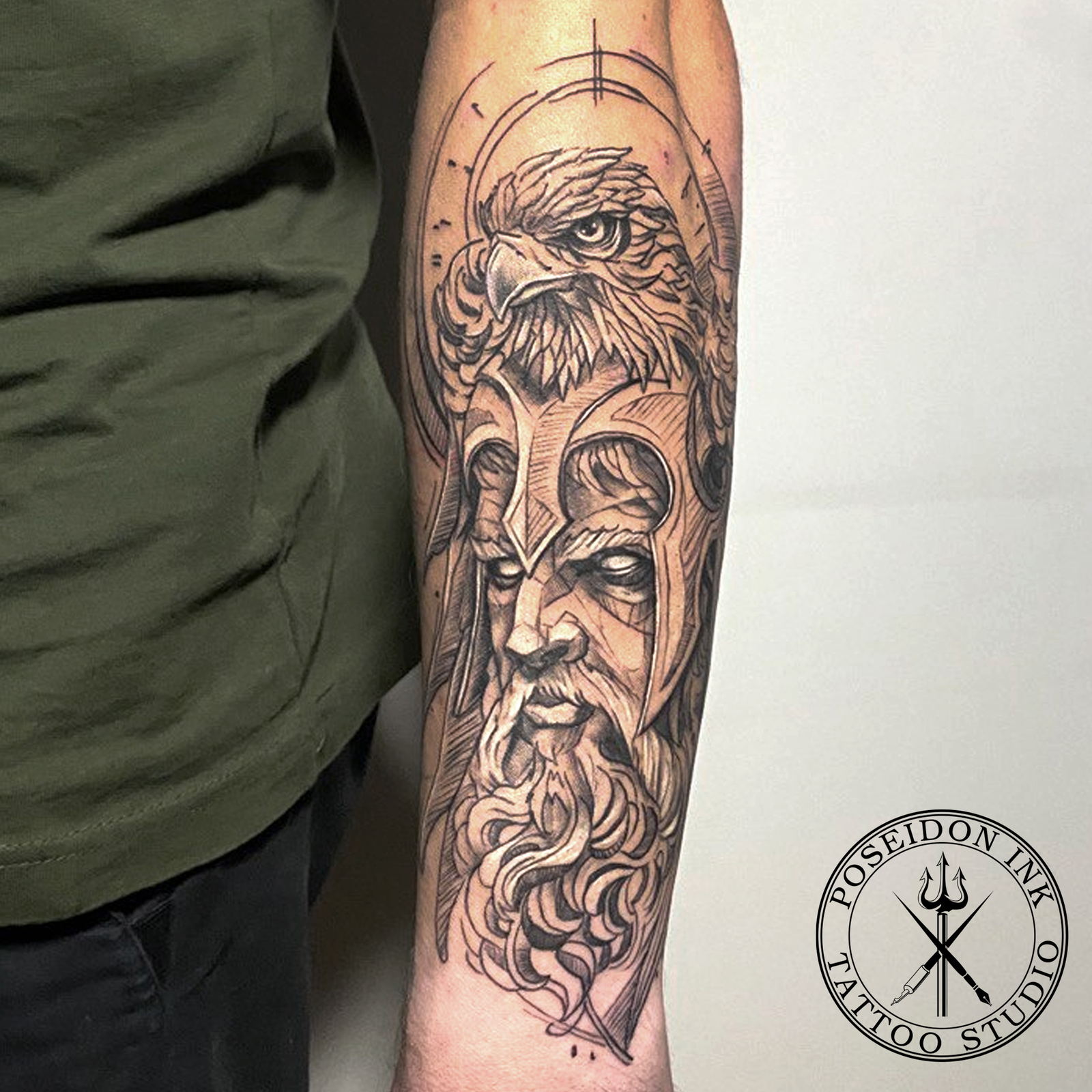 Sketch style black and grey tattoo of a helmeted warrior with an eagle above, with pencil-like construction lines