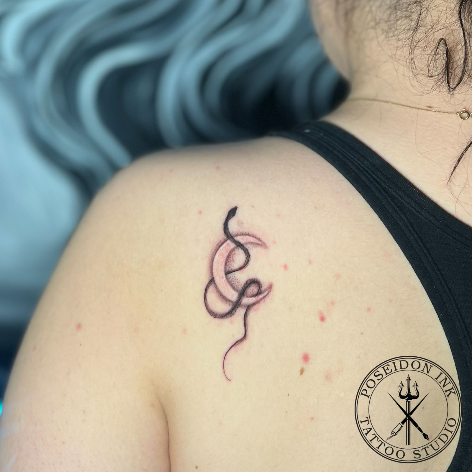 Fine line tattoo of a slender snake entwined with a stippled crescent moon on the shoulder blade