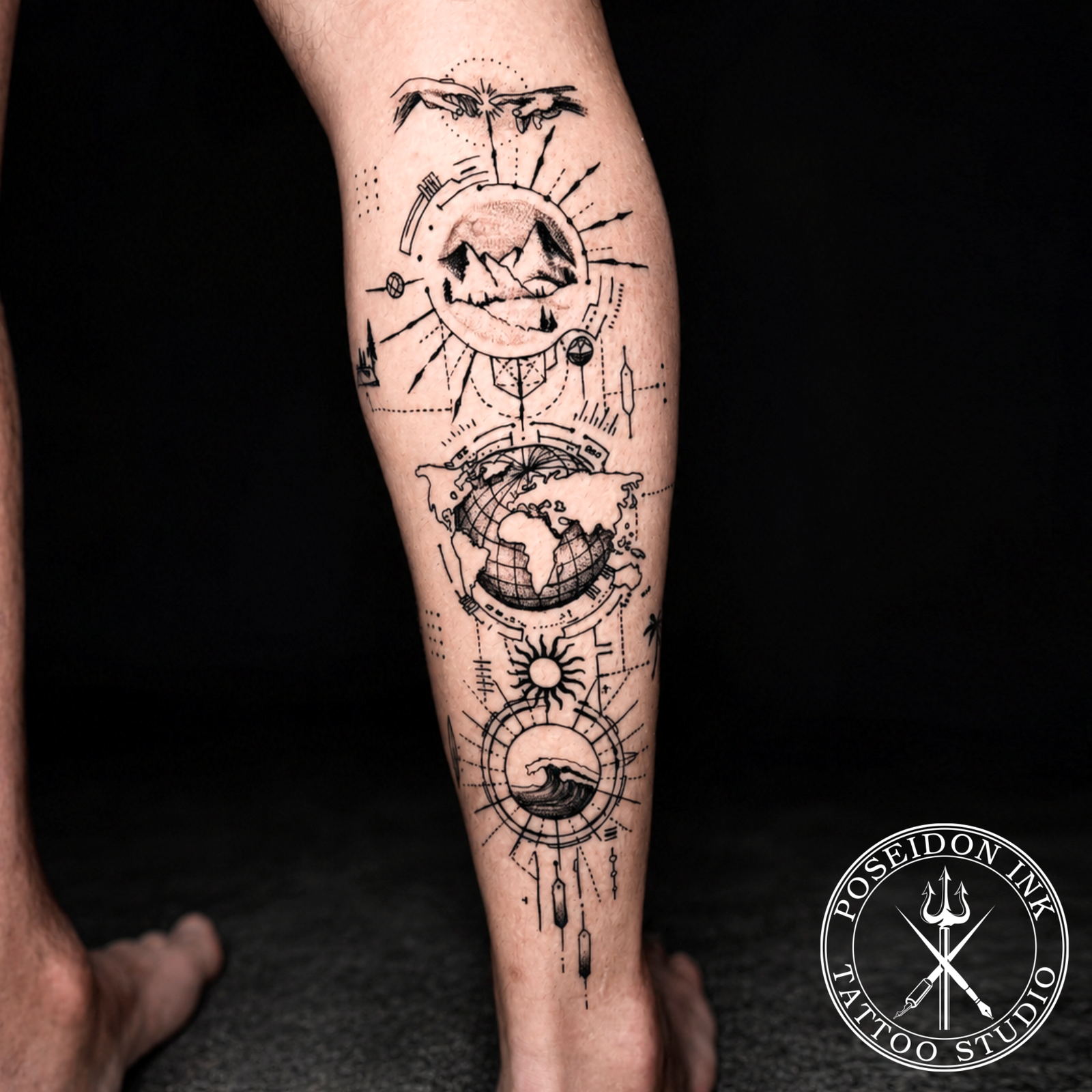 Geometric fine line tattoo with Creation of Adam hands, mountain emblem, globe and ocean wave linked by dotted lines, on the calf